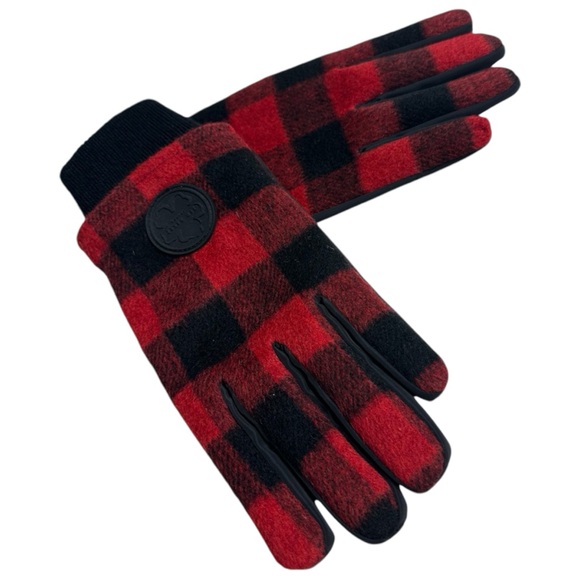 TED BAKER LONDON Mens Gloves Karrl Logo-Patch Black/Red Checked Poly Wool Blend - Picture 2 of 10